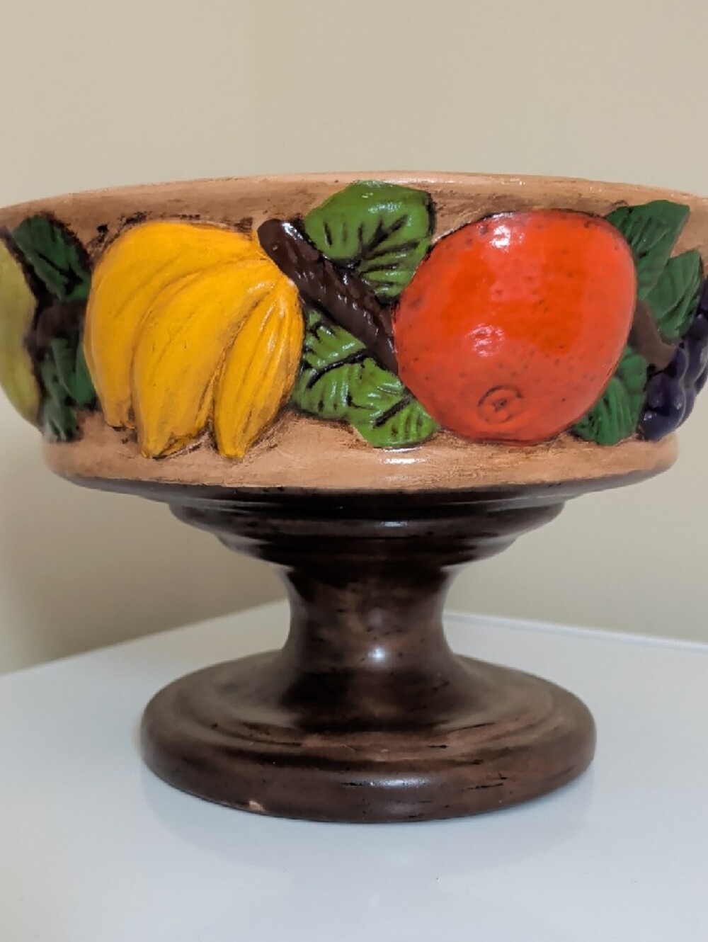1970s Hand Crafted Painted Embossed Fruit Pedestal Bowl – Vintage Pottery Decor